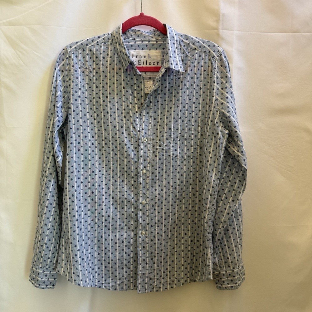Frank & Eileen "Barry" Blue Stripe Star Patterned Button-Up Shirt Linen Blend L